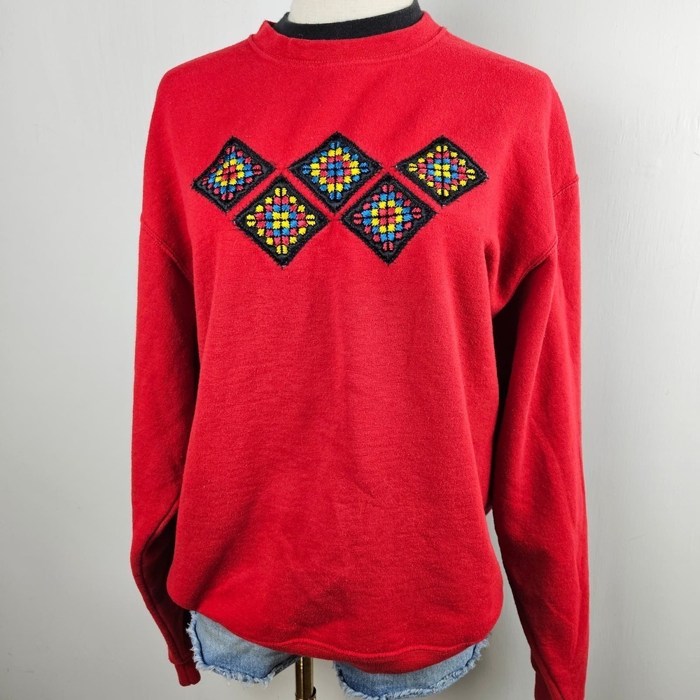 Vintage Granny Square Applique Sweatshirt Sz L Red Black Pullover